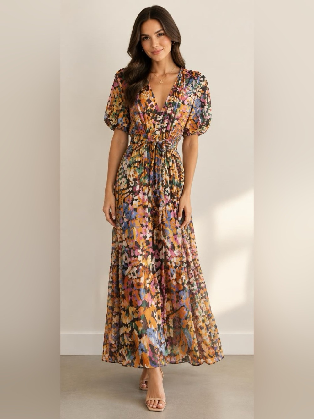 Velvet by Graham & Spencer Multicolor Floral Maxi Dress with Puff Sleeves